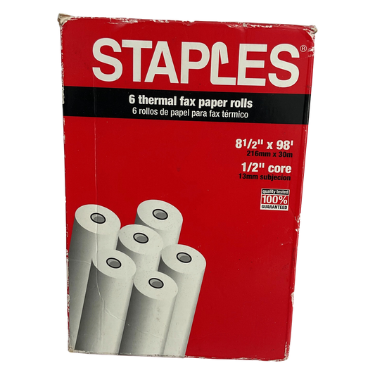 Staples Box of 5 Thermal Fax Paper Rolls 8 1/2" x 98' w 1/2" Core