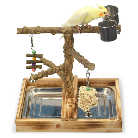 Natural Wood Bird Toys Playground, Bird Cage Accessories, Bird Perches, with Removable Tray and 2 Stainless Steel Cups