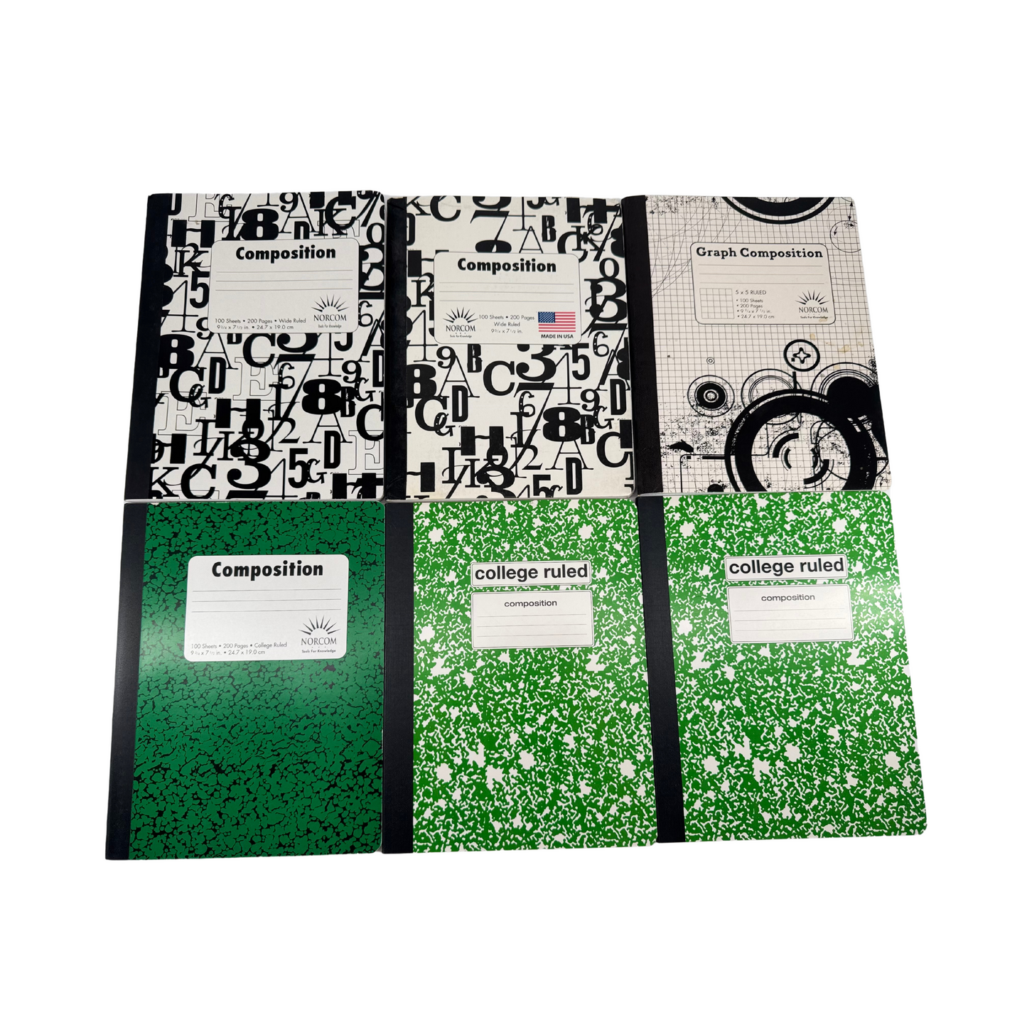 College Ruled & Composition Notebooks (9 3/4 x 1 1/2 inches) - 6 Notebooks / 100 sheets