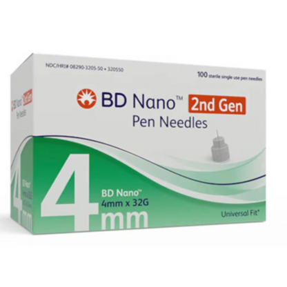 BD Nano 2nd Gen Pen Tips Needles 4mm x for diabetics - 100 pen needles - Sealed