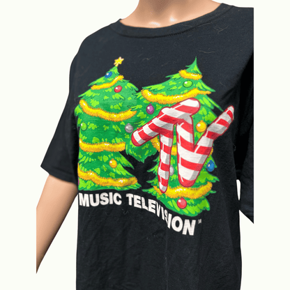 MTV Logo Christmas Tree Graphic T-Shirt (Black Color) (Unisex) (Size L)