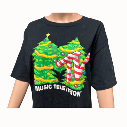 MTV Logo Christmas Tree Graphic T-Shirt (Black Color) (Unisex) (Size L)