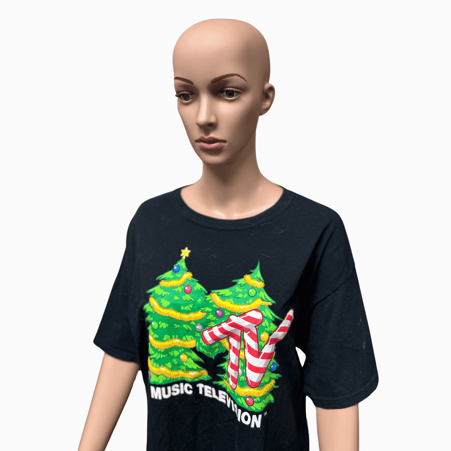 MTV Logo Christmas Tree Graphic T-Shirt (Black Color) (Unisex) (Size L)