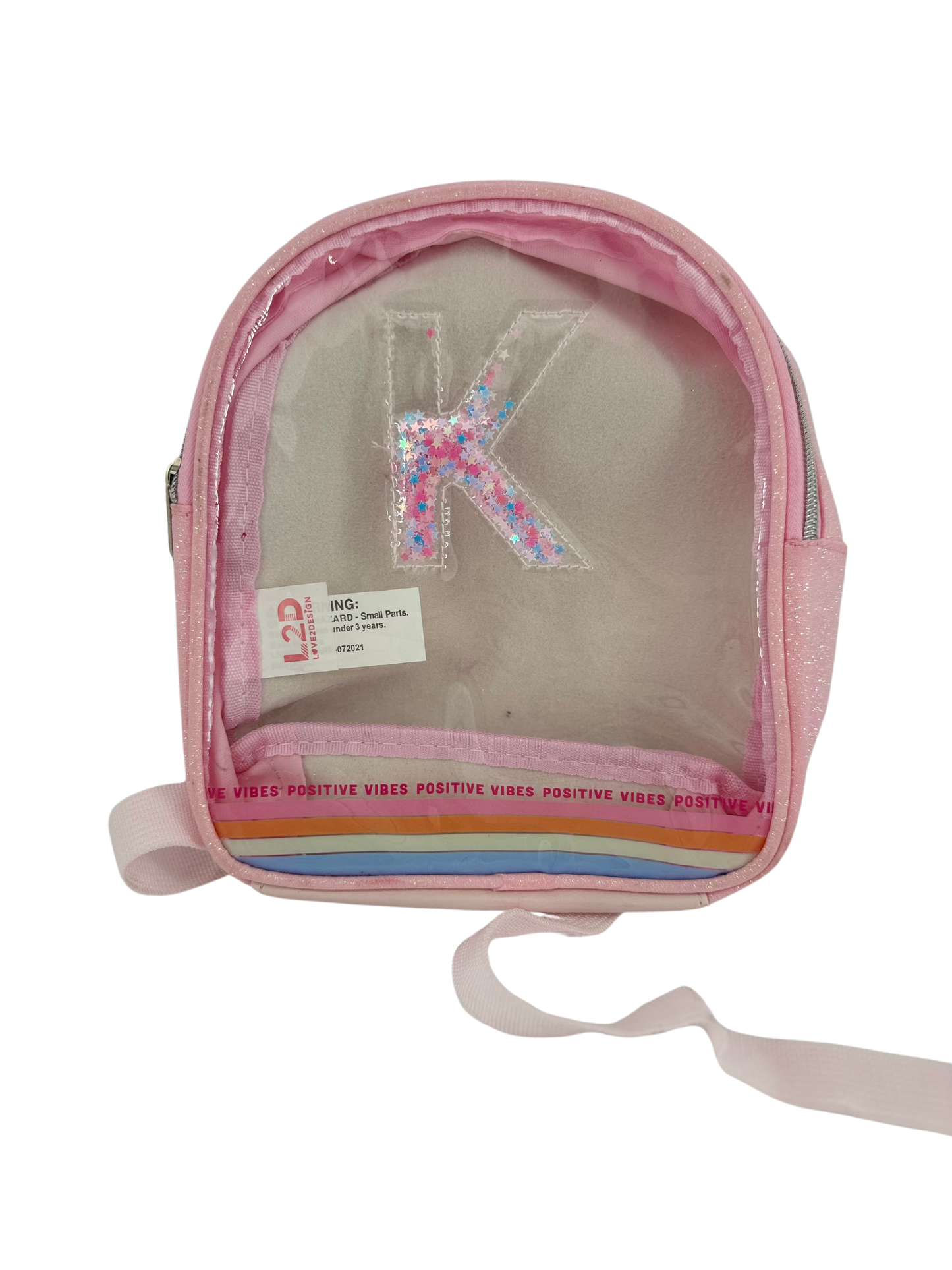 Clear pink back pack with K glitter letter  (Size 7.5 x 9 inches)