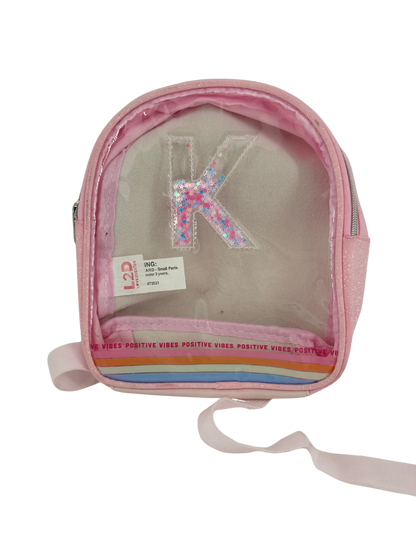 Clear pink back pack with K glitter letter  (Size 7.5 x 9 inches)