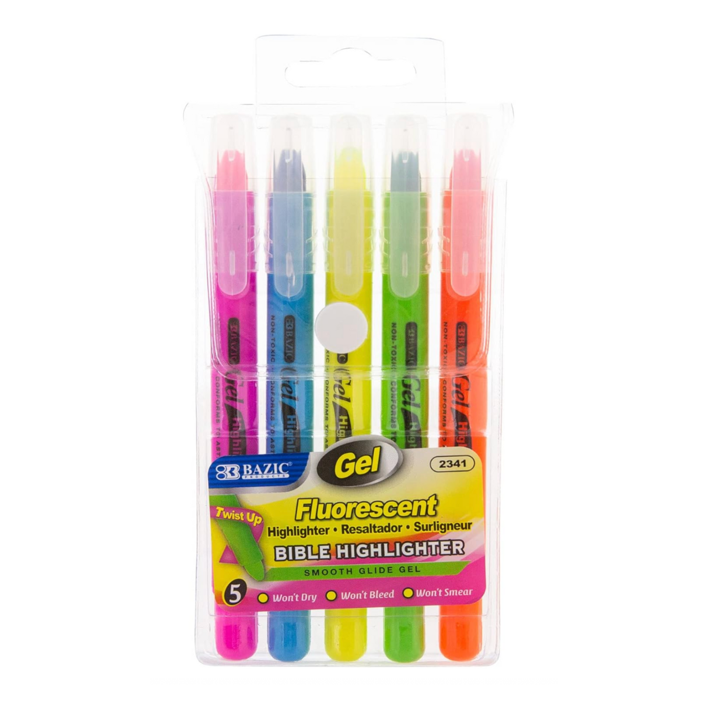 BAZIC Highlighter Gel Pen Neon Color Bible Highlighters. No Bleed Dry for School and Office (1-Pack of 5 markers)