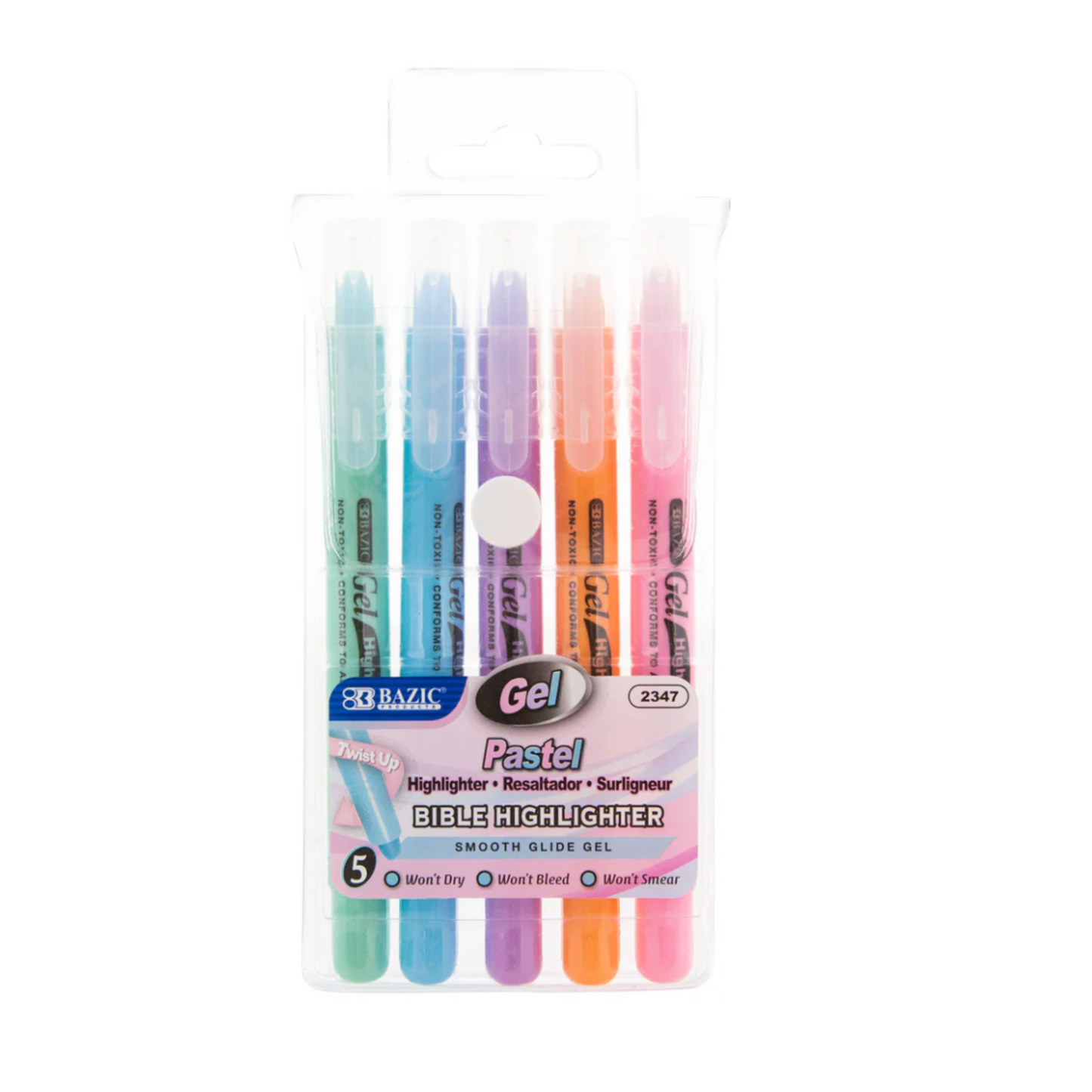 BAZIC Highlighter Gel Pen Pastel Color Bible Highlighters. No Bleed Dry for School and Office (1-Pack of 5 markers)