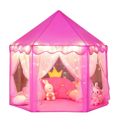 Wilwolfer Princess Castle Play Tent for Girls Large Kids Play Tents Hexagon Playhouse with Star Lights Toys for Children Indoor Games (Pink)