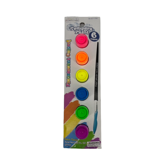 Craftology Paint Tempera with brush, Washable, Assorted Colors, 6 fluorescent art colors (Two count)