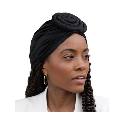 Turbante africano Olivia Sylx - Turbante con nudo superior y diademas preatadas para cabello de mujer - Negro