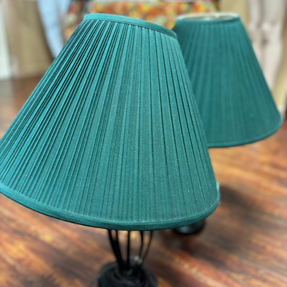 Two Table Lamps Metal Stand and Pleated Green Top