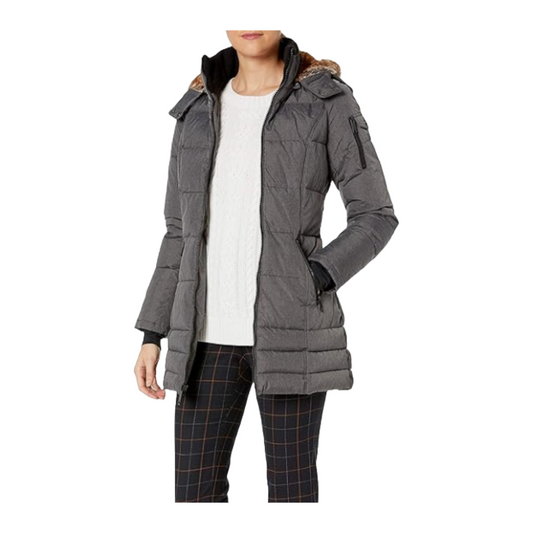 HFX Women's 3/4 Puffer with Full Faux Fur Hood Jacket (Small)