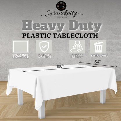 Grandipity White Disposable Plastic Tablecloths (6 Pack), 54" x 108" for Rectangle Tables - Premium Quality, Fits 6ft to 8ft Rectangle Tables