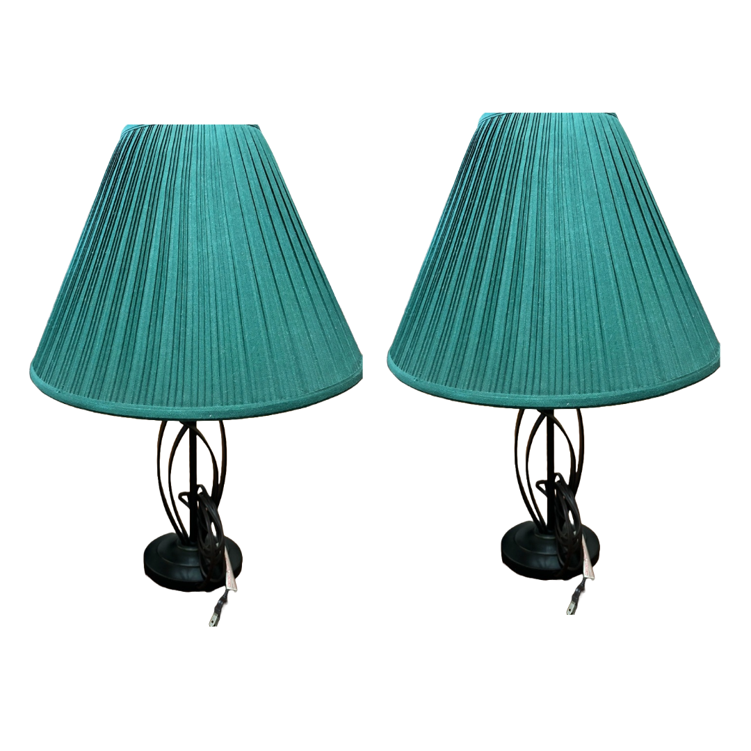 Two Table Lamps Metal Stand and Pleated Green Top