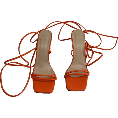 High Heels Strappy Lace Up Open Toe Orange Shoes (Size 7)