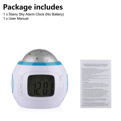 Alarm Clock Projector, Sleep Clock, Starry Sky Night Light Star Projection Clock, Music Digital Alarm Clock with LED Backlight Calendar Thermometer for Kids Baby Children Bedroom Party